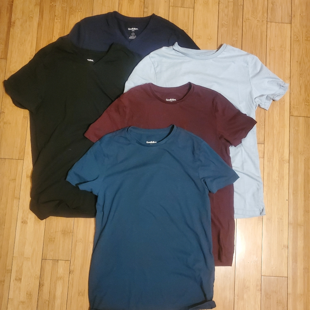 5 pack: Men's 3 Crew (2 Blue, Burgundy) and 2 V-Neck (Black, Navy) T-Shirts S